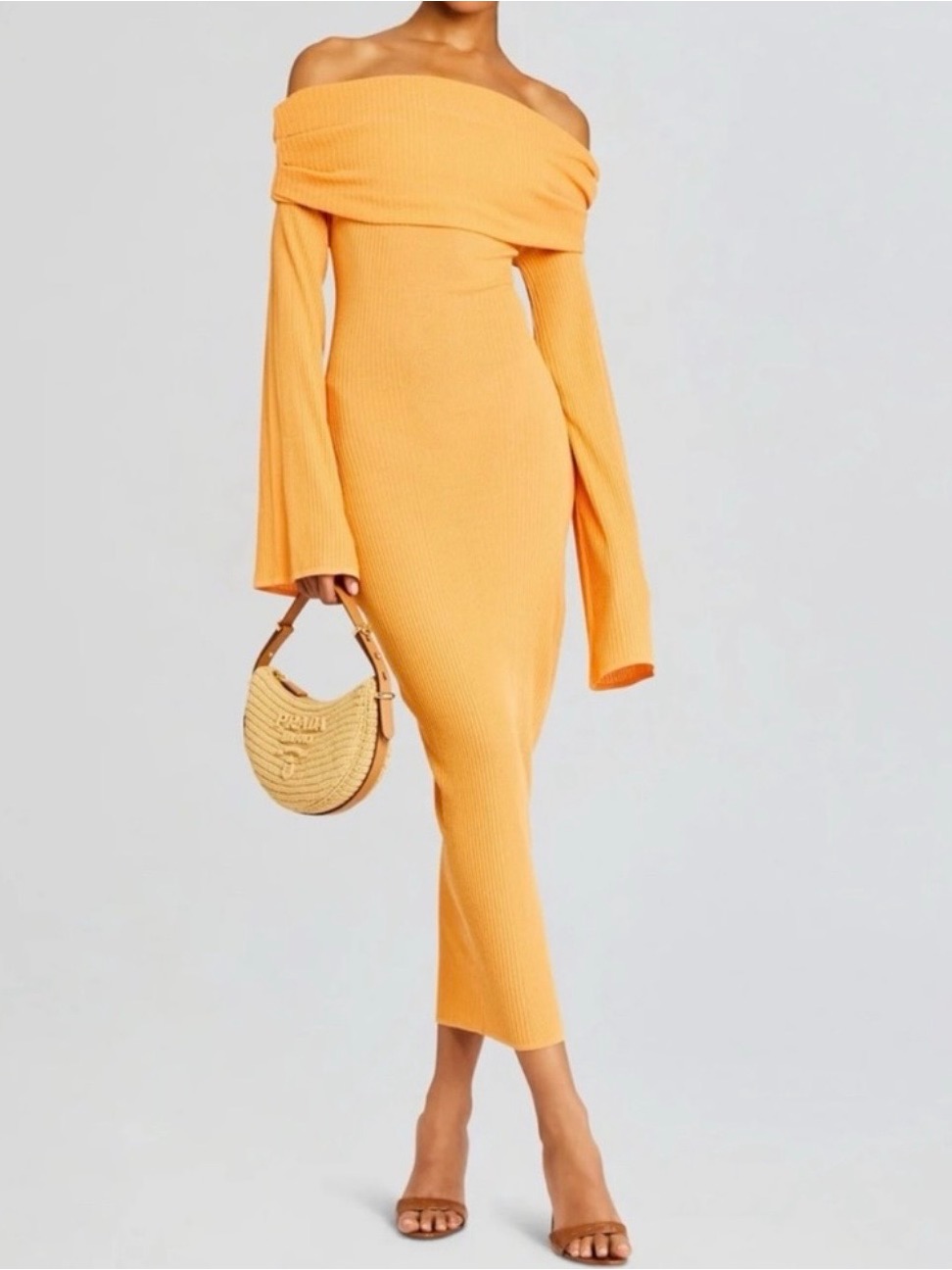 Off-Shoulder One-Sleeve Ribbed Midi Dress In Peach
